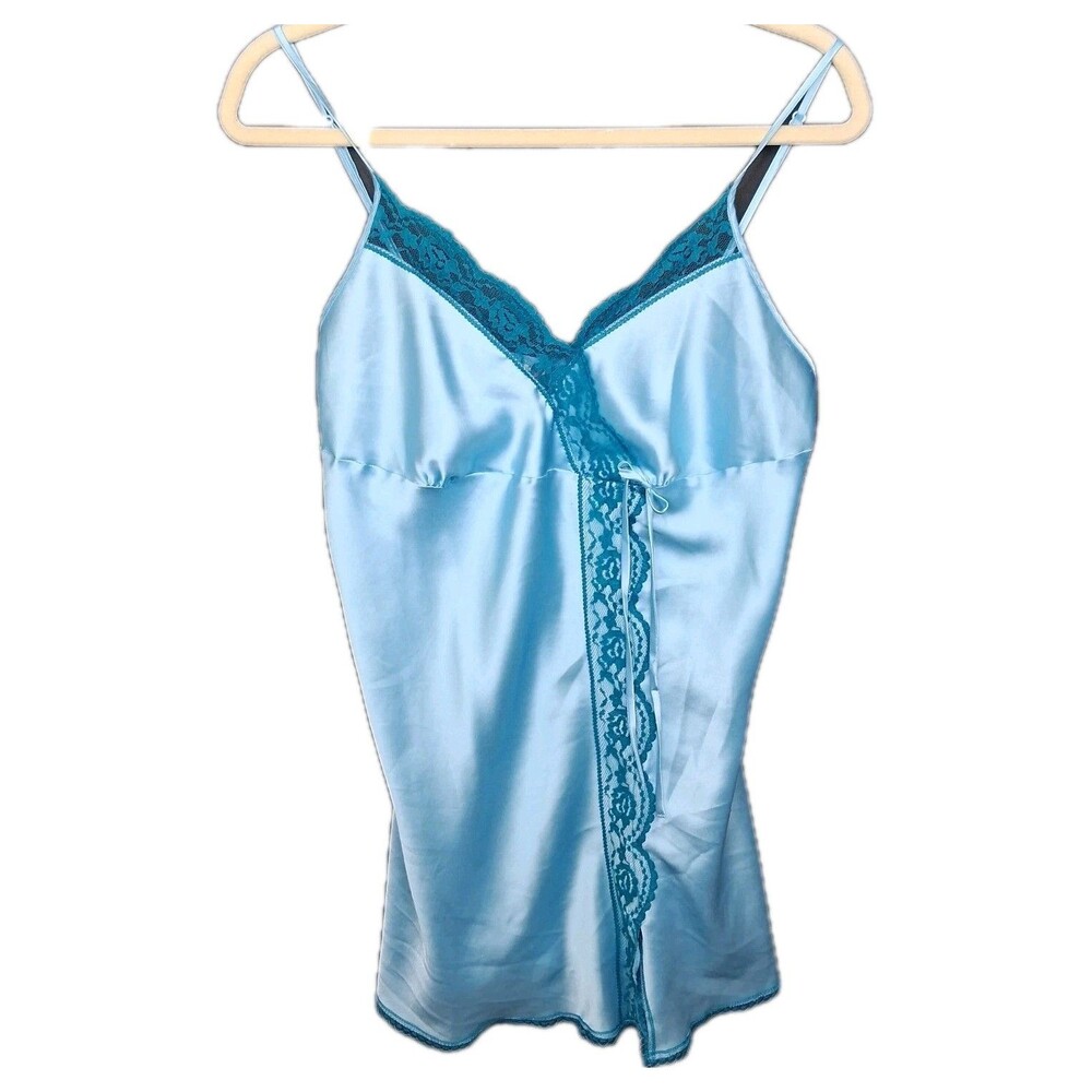 Vintage Victoria's Secret Angels Blue Satin Lace Trim Babydoll Slip Dress Size L